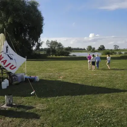 Vier Kinder gehen über eine Wiese. Links eine Zeltplane.