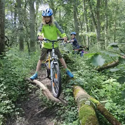 Kind mit Fahrrad überquert Baumstamm