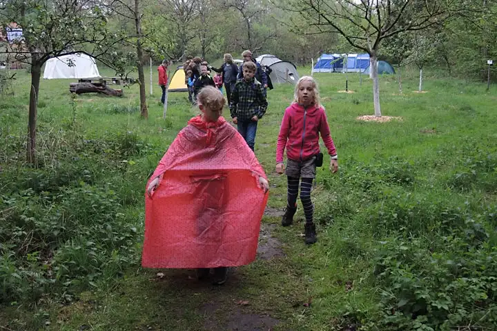 Kinder gehen im Regen über eine Wiese