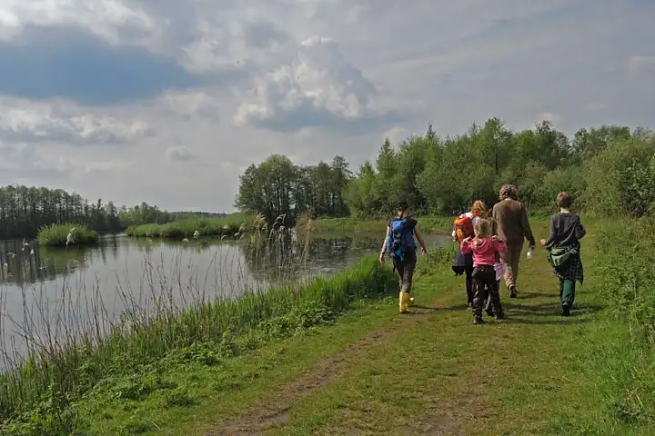 Kinder gehen auf einem Weg um einen Teich