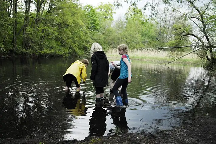 Kinder stehen in einem Teich